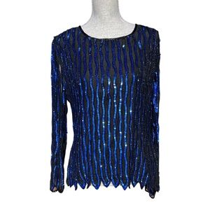 Stenay Vintage Blue Sequin Beaded Silk Long Sleeve Top VTG Size Large